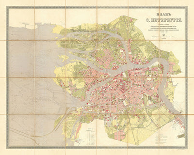 Antigua mapa de San Petersburgo, Rusia por Ilyin, 1887: Almirantazgo, San Isaac, Palacio de Invierno, río Neva, canal Obvodny 
