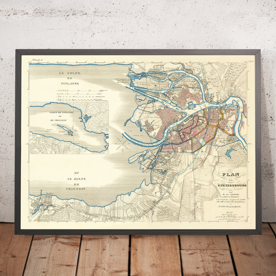 Alte Karte von Sankt Petersburg von Wiebeking, 1840: Newski-Prospekt, Wasiljewski, Fontanka, Ufer, Überschwemmung von 1824 