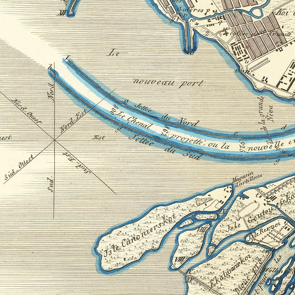 Antigua mapa de San Petersburgo por Wiebeking, 1840: Prospekt Nevsky, Vasilievsky, río Fontanka, paseo marítimo, inundación de 1824 