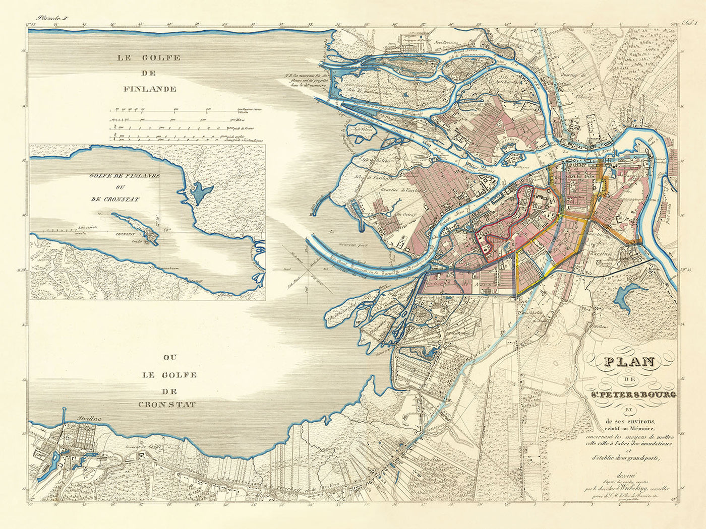 Antigua mapa de San Petersburgo por Wiebeking, 1840: Prospekt Nevsky, Vasilievsky, río Fontanka, paseo marítimo, inundación de 1824 