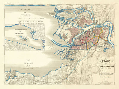 Antigua mapa de San Petersburgo por Wiebeking, 1840: Prospekt Nevsky, Vasilievsky, río Fontanka, paseo marítimo, inundación de 1824 