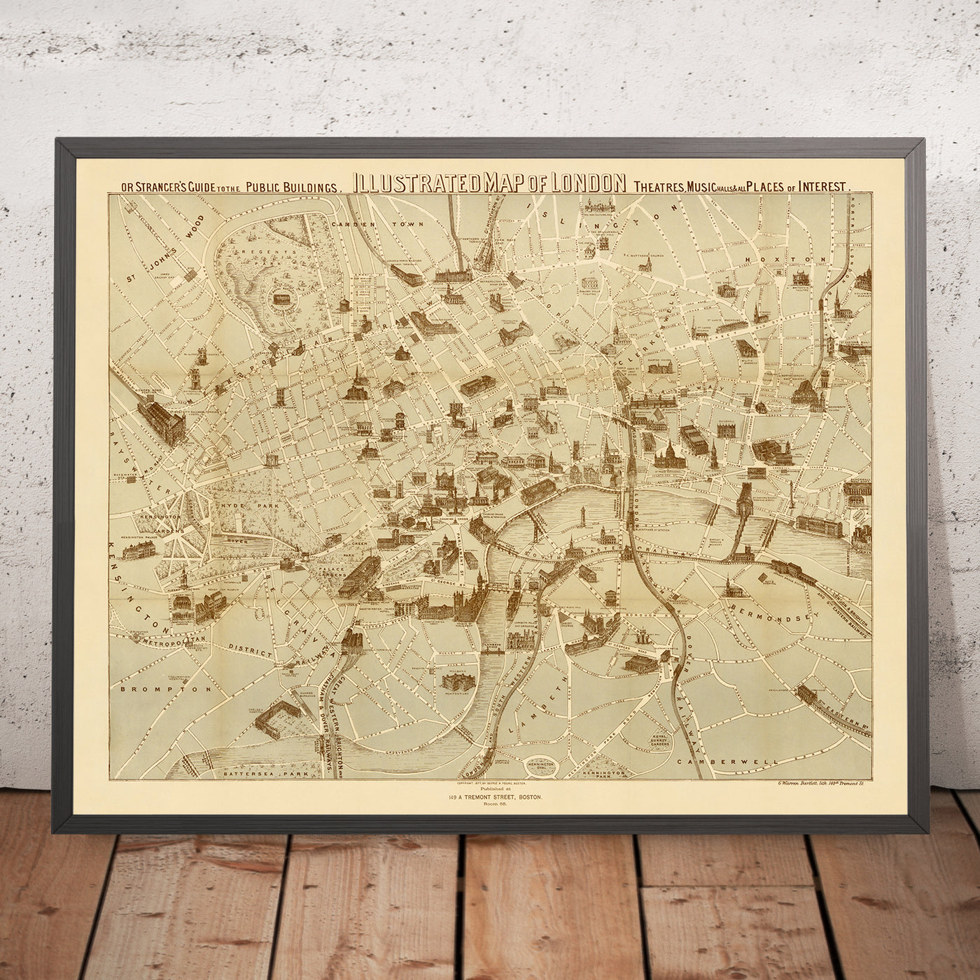 Antigua "Guía del Extraño" Mapa de Londres por Young, 1877: Mapa Pictórico de "Gran Tour" de Puntos de Interés Turístico 
