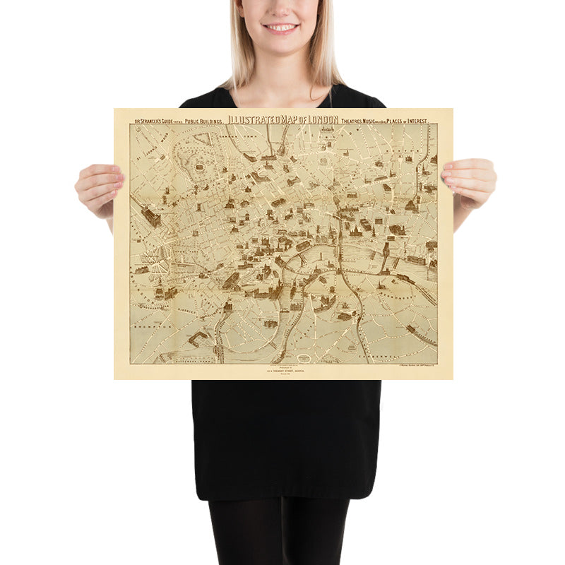Antigua "Guía del Extraño" Mapa de Londres por Young, 1877: Mapa Pictórico de "Gran Tour" de Puntos de Interés Turístico 
