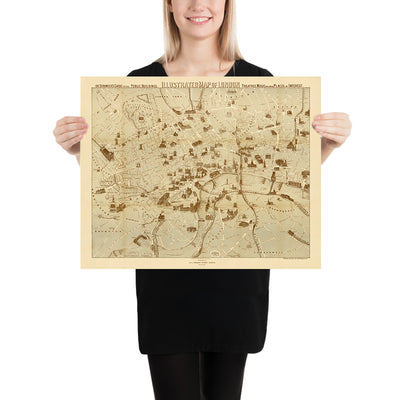 Antigua "Guía del Extraño" Mapa de Londres por Young, 1877: Mapa Pictórico de "Gran Tour" de Puntos de Interés Turístico 