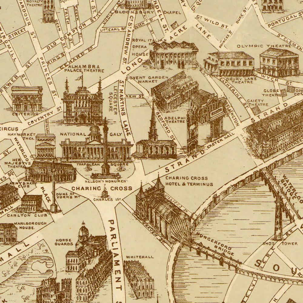 Antigua "Guía del Extraño" Mapa de Londres por Young, 1877: Mapa Pictórico de "Gran Tour" de Puntos de Interés Turístico 