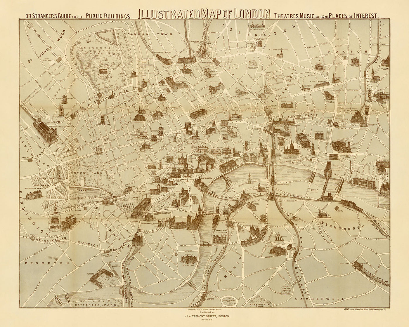 Antigua "Guía del Extraño" Mapa de Londres por Young, 1877: Mapa Pictórico de "Gran Tour" de Puntos de Interés Turístico 