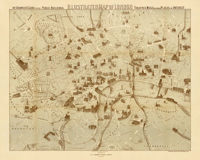 Antigua "Guía del Extraño" Mapa de Londres por Young, 1877: Mapa Pictórico de "Gran Tour" de Puntos de Interés Turístico 