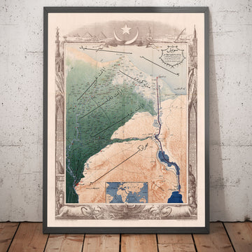 Antica mappa araba del Canale di Suez di Erhard Schieble nel 1869 - Fiume Nilo, Il Cairo, Mare Mediterraneo, Mansoura 