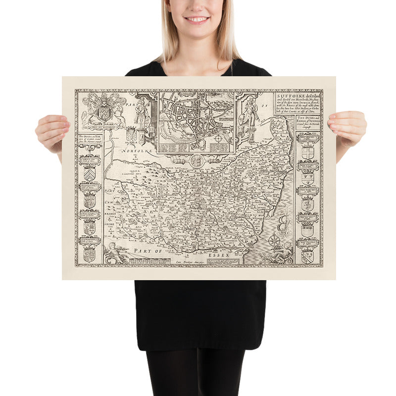 Old Monochrome Carte de Suffolk, 1611 par Speed ​​- Ipswich, Lowestoft, Bury St Edmunds, Haverhill, Felixstowe