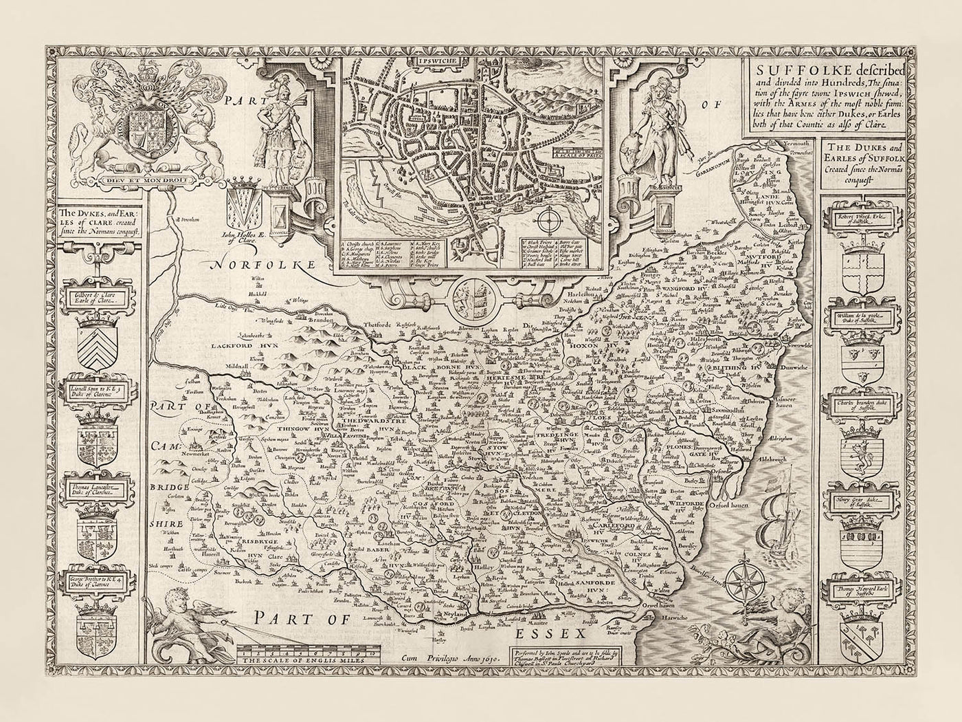 Old Monochrome Map of Suffolk, 1611 by Speed - Ipswich, Lowestoft, Bury St Edmunds, Haverhill, Felixstowe