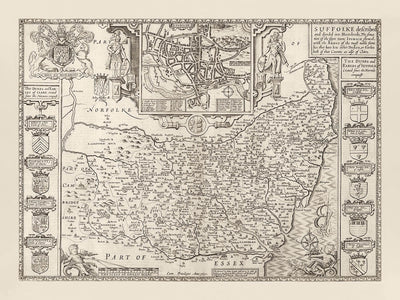 Old Monochrome Map of Suffolk, 1611 by Speed - Ipswich, Lowestoft, Bury St Edmunds, Haverhill, Felixstowe