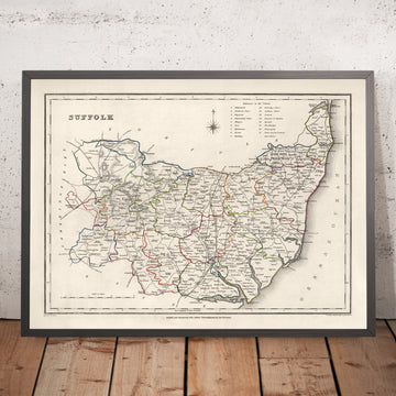 Ancienne carte du Suffolk en 1844 par Samuel Lewis - Ipswich, Woodbridge, Bury St. Edmunds, Thetford, Great Yarmouth