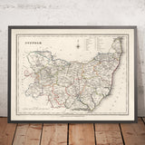 Alte Karte von Suffolk im Jahr 1844 von Samuel Lewis - Ipswich, Woodbridge, Bury St. Edmunds, Thetford, Great Yarmouth 