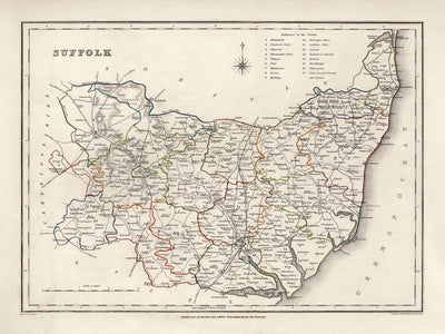 Old Map of Suffolk in 1844 by Samuel Lewis - Ipswich, Woodbridge, Bury St. Edmunds, Thetford, Great Yarmouth