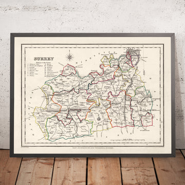 Ancienne carte du Surrey par Samuel Lewis, 1844 : Londres, Guildford, Woking, Ewell et Camberley 