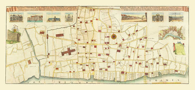 Alte Karte des Großen Feuers von London im Jahr 1667 von John Leake & George Vertue - London Bridge, Westminster, Fluss Thames, St Paul's Cathedral, Southwark 