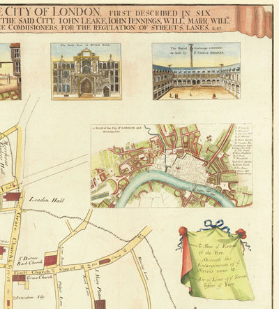 Alte Karte des Großen Feuers von London im Jahr 1667 von John Leake & George Vertue - London Bridge, Westminster, Fluss Thames, St Paul's Cathedral, Southwark 