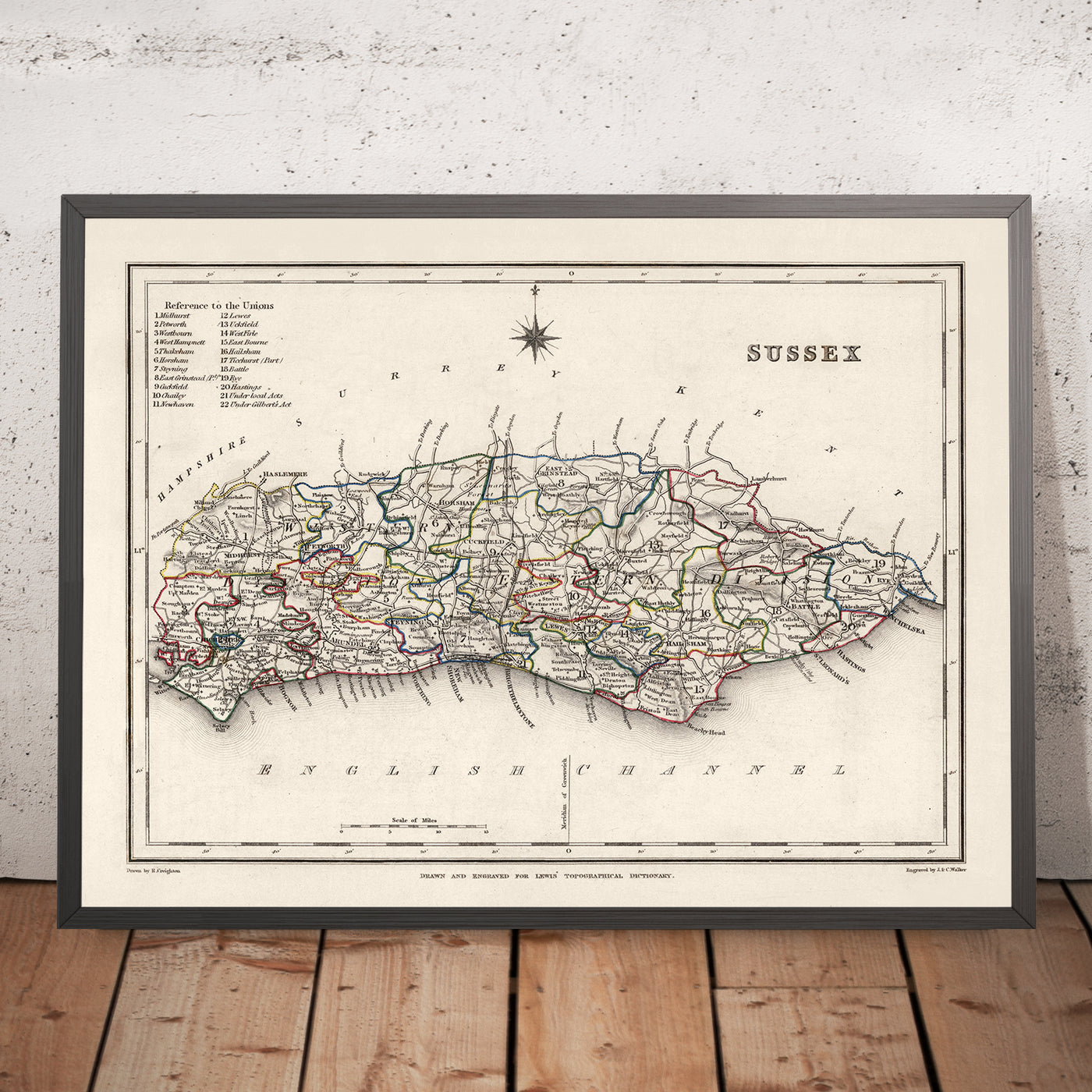 Old Map of East and West Sussex by Samuel Lewis, 1844: Brighton, Crawley, Worthing, Eastbourne, and Hastings
