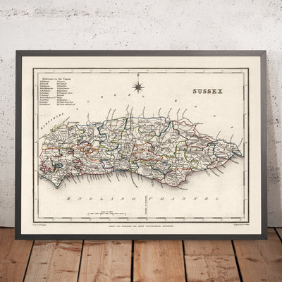 Old Map of East and West Sussex by Samuel Lewis, 1844: Brighton, Crawley, Worthing, Eastbourne, and Hastings