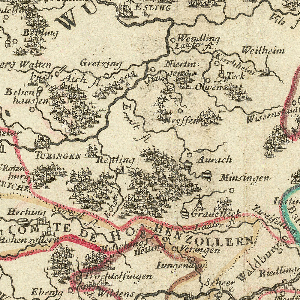 Old Map of Swabia, Germany by Sanson, 1703: Stuttgart, Heidelberg, Augsburg, Black Forest, Rhine River