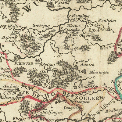 Old Map of Swabia, Germany by Sanson, 1703: Stuttgart, Heidelberg, Augsburg, Black Forest, Rhine River