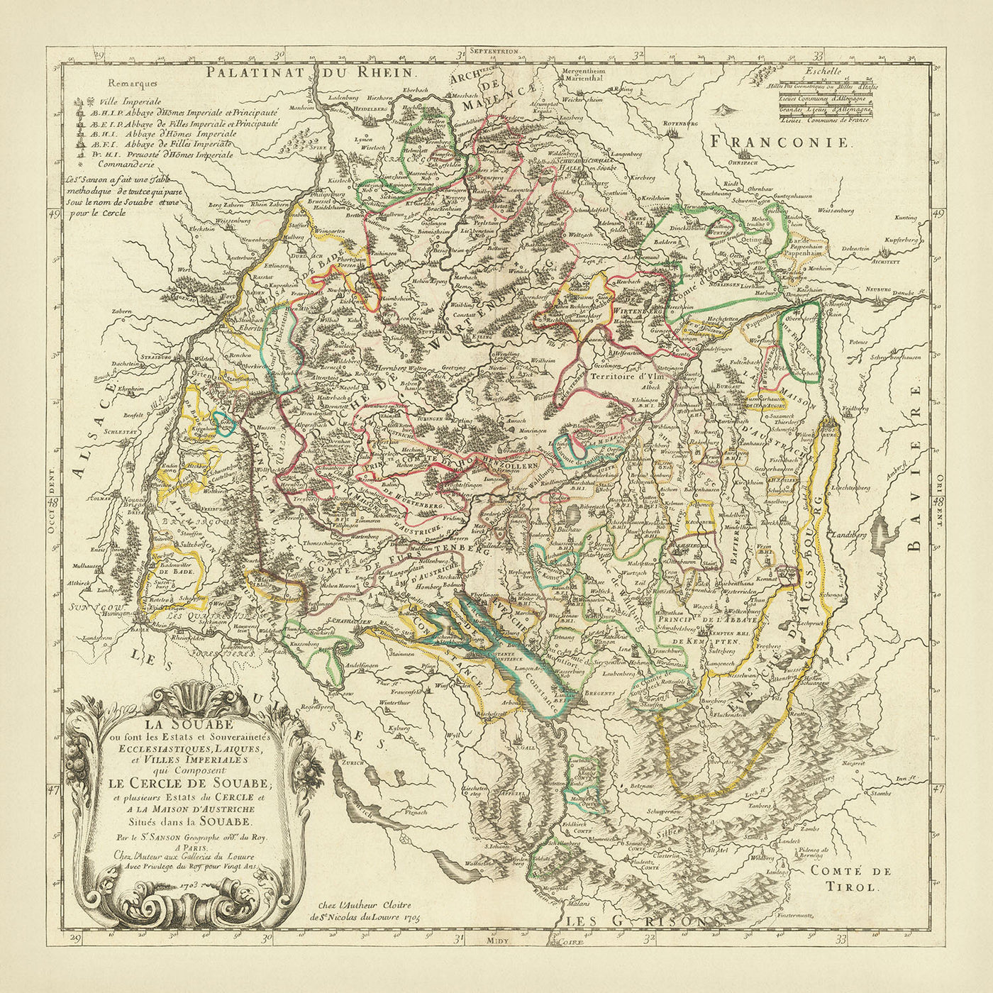 Old Map of Swabia, Germany by Sanson, 1703: Stuttgart, Heidelberg, Augsburg, Black Forest, Rhine River