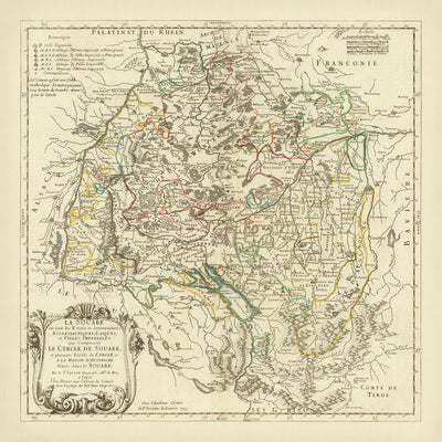 Old Map of Swabia, Germany by Sanson, 1703: Stuttgart, Heidelberg, Augsburg, Black Forest, Rhine River