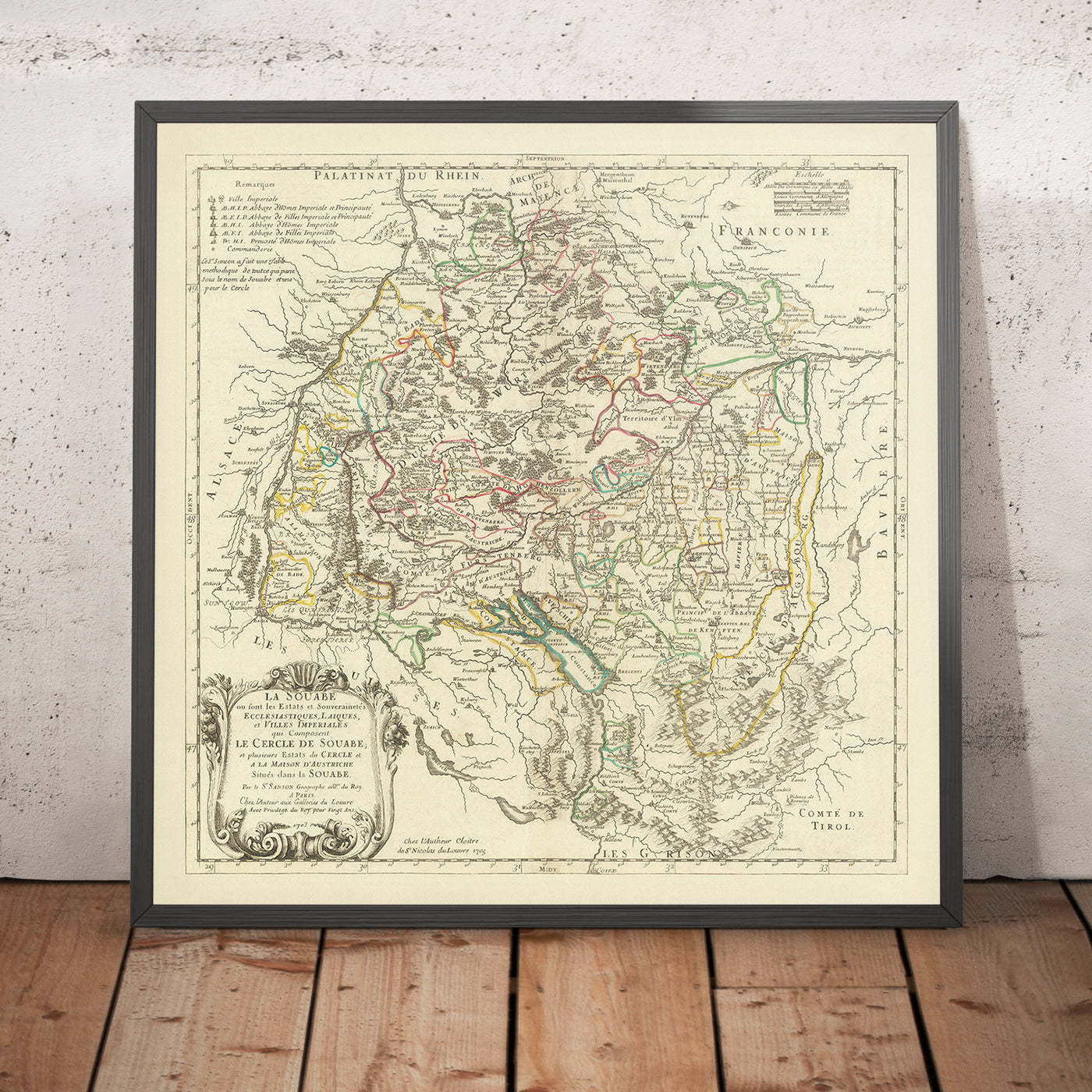 Old Map of Swabia, Germany by Sanson, 1703: Stuttgart, Heidelberg, Augsburg, Black Forest, Rhine River