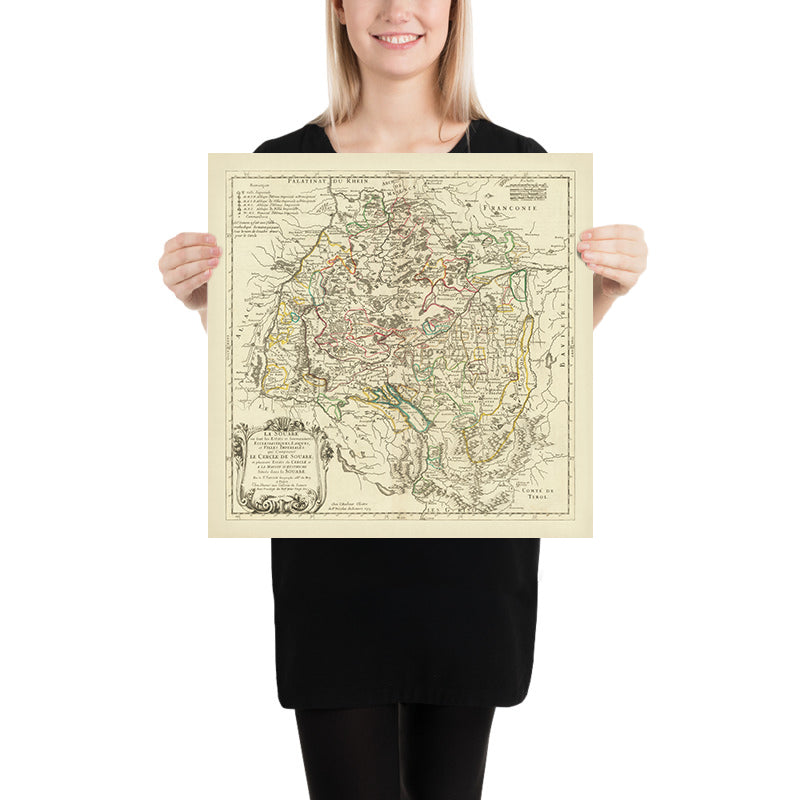 Old Map of Swabia, Germany by Sanson, 1703: Stuttgart, Heidelberg, Augsburg, Black Forest, Rhine River