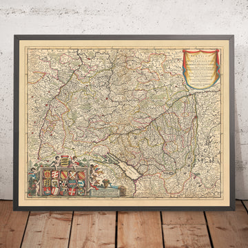 Old Map of Swabian Circle by Visscher, 1690: Stuttgart, Mannheim, Augsburg, Karlsruhe, Strasbourg