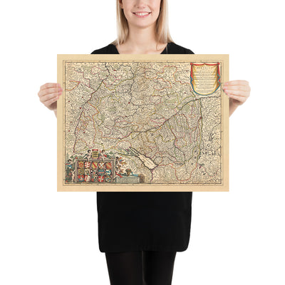 Ancienne carte du cercle souabe par Visscher, 1690 : Stuttgart, Mannheim, Augsbourg, Karlsruhe, Strasbourg