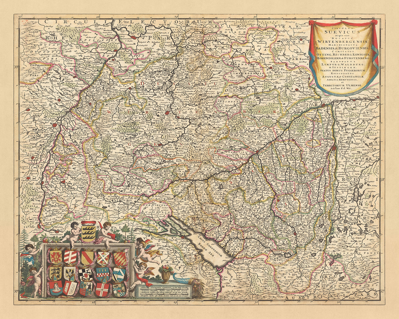 Ancienne carte du cercle souabe par Visscher, 1690 : Stuttgart, Mannheim, Augsbourg, Karlsruhe, Strasbourg