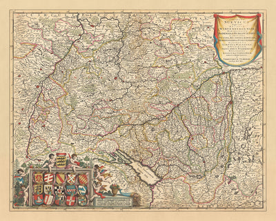 Ancienne carte du cercle souabe par Visscher, 1690 : Stuttgart, Mannheim, Augsbourg, Karlsruhe, Strasbourg
