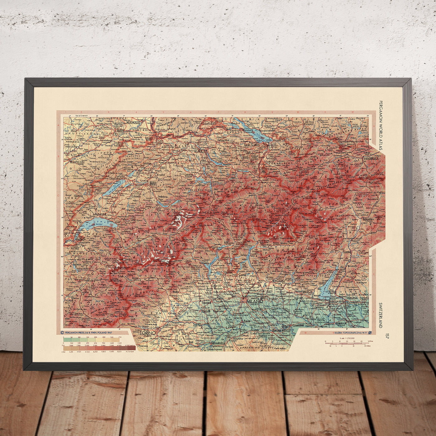 Ancienne carte de la Suisse, 1967 : Les Alpes, Berne, Genève, Zurich, Lac Léman