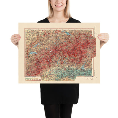 Ancienne carte de la Suisse, 1967 : Les Alpes, Berne, Genève, Zurich, Lac Léman