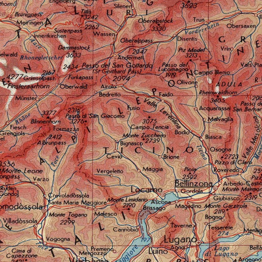Ancienne carte de la Suisse, 1967 : Les Alpes, Berne, Genève, Zurich, Lac Léman