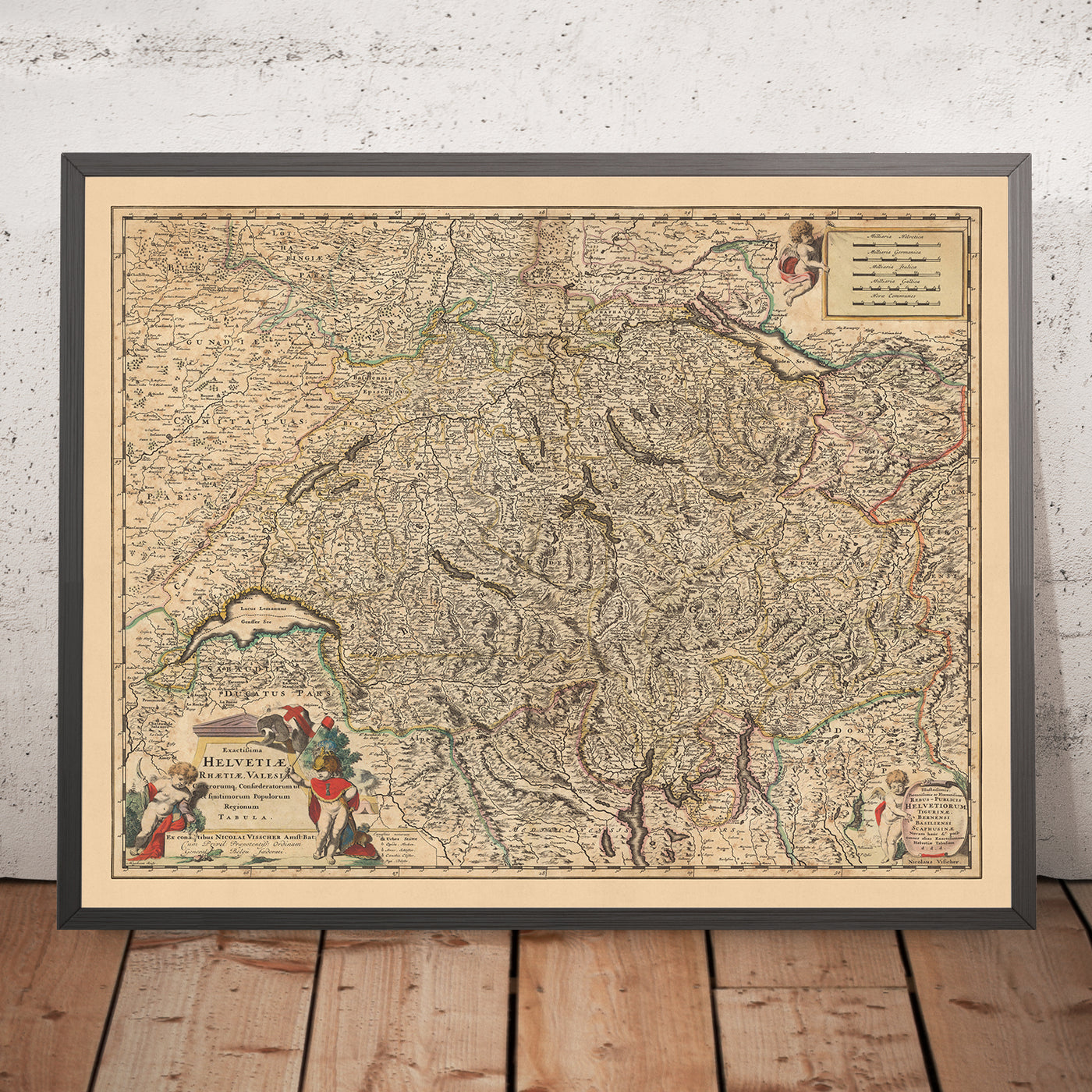 Old Map of Switzerland by Visscher, 1690: Bern, Zürich, Geneva, Laussane, Gruyère Pays-d'Enhaut Regional Park