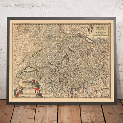 Old Map of Switzerland by Visscher, 1690: Bern, Zürich, Geneva, Laussane, Gruyère Pays-d'Enhaut Regional Park