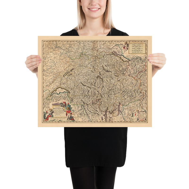 Old Map of Switzerland by Visscher, 1690: Bern, Zürich, Geneva, Laussane, Gruyère Pays-d'Enhaut Regional Park