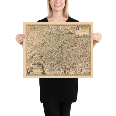 Old Map of Switzerland by Visscher, 1690: Bern, Zürich, Geneva, Laussane, Gruyère Pays-d'Enhaut Regional Park
