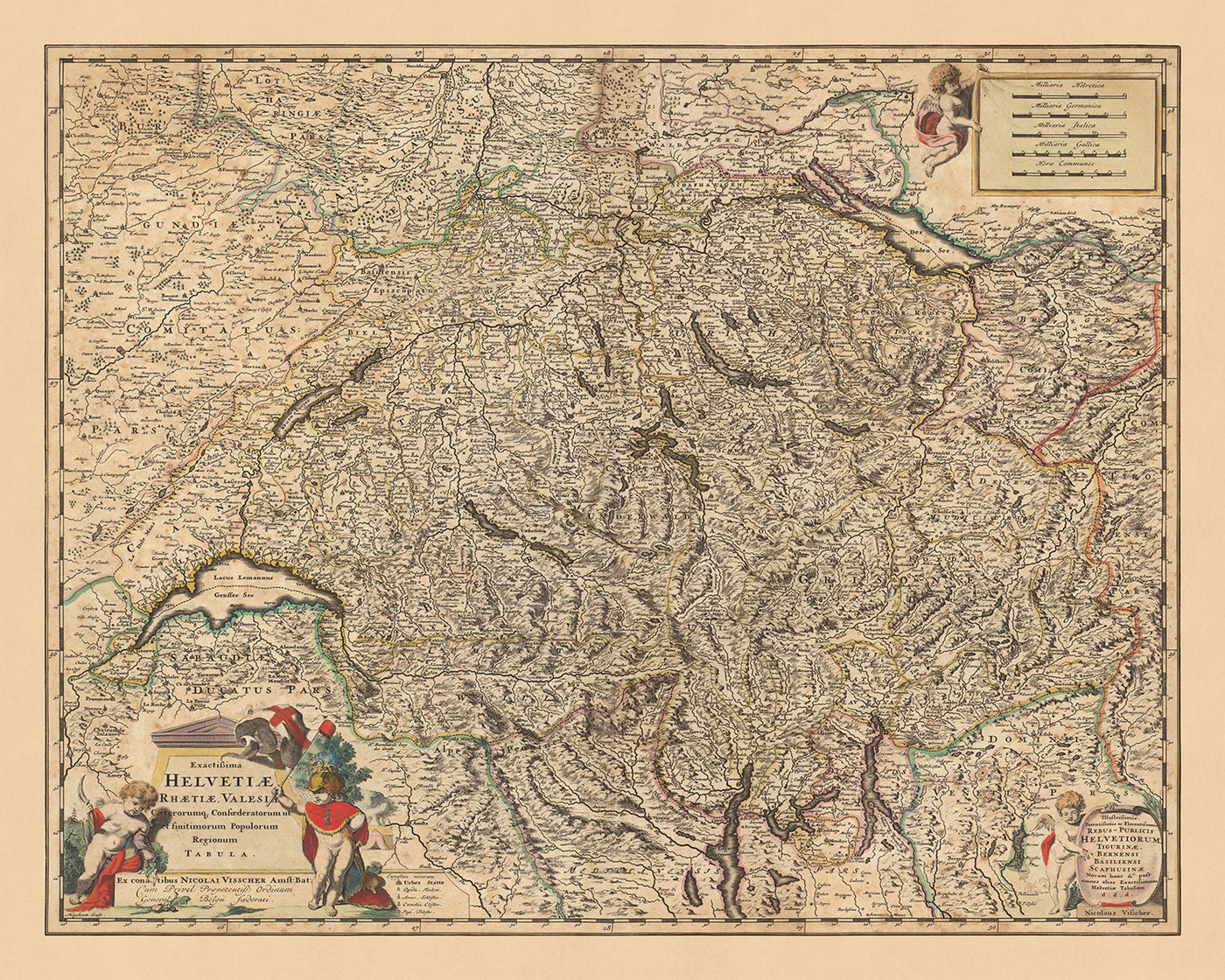 Old Map of Switzerland by Visscher, 1690: Bern, Zürich, Geneva, Laussane, Gruyère Pays-d'Enhaut Regional Park