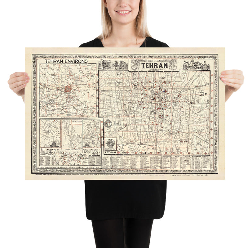 Mapa antiguo de Teherán de Sahab Abbas, 1956: Mehran, Bazaar, Abouzar, Sadeghiyeh