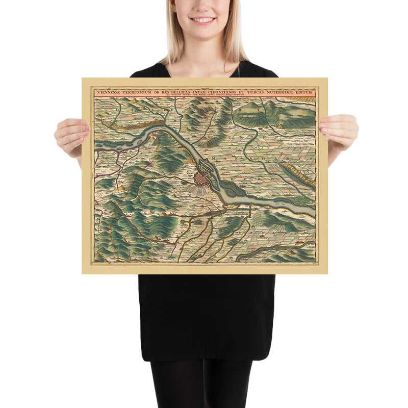 Antiguo mapa del territorio alrededor de Viena: Visscher, 1690: Tulln, Schwechat, Klosterneuburg, Baden bei Vien, Lainzer Tiergarten