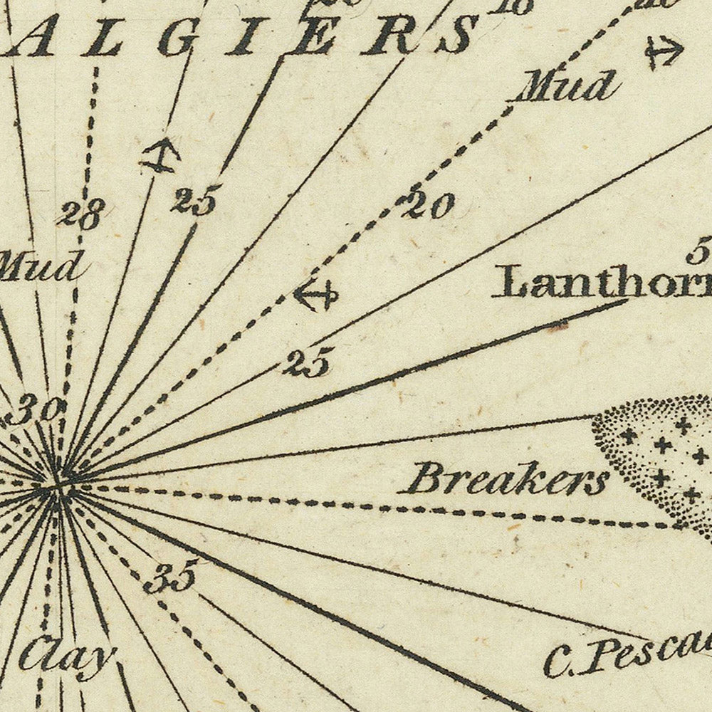 Ancienne carte nautique de la baie d'Alger par Heather, 1802 : Algérie, Régence ottomane, Fortifications 