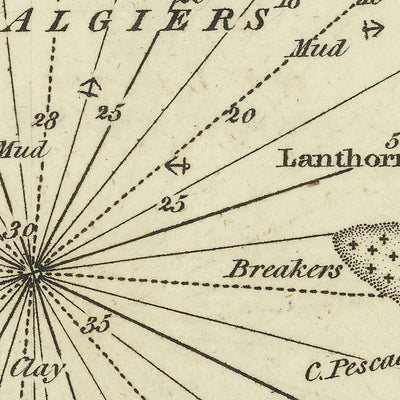 Ancienne carte nautique de la baie d'Alger par Heather, 1802 : Algérie, Régence ottomane, Fortifications 