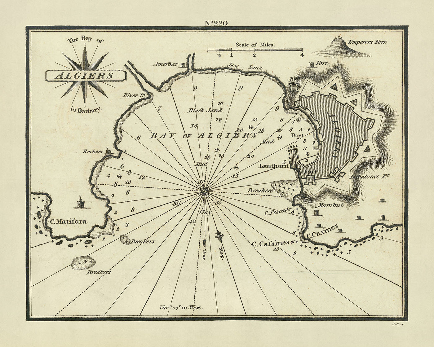 Ancienne carte nautique de la baie d'Alger par Heather, 1802 : Algérie, Régence ottomane, Fortifications 