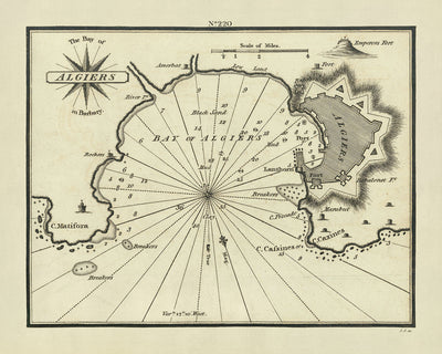 Ancienne carte nautique de la baie d'Alger par Heather, 1802 : Algérie, Régence ottomane, Fortifications 