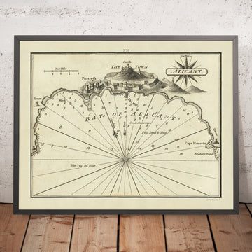 Vecchia Baia di Alicante, Francia Carta Nautica di Heather, 1802: Castello di Alicante, Fortificazioni, Profondità Costiere 