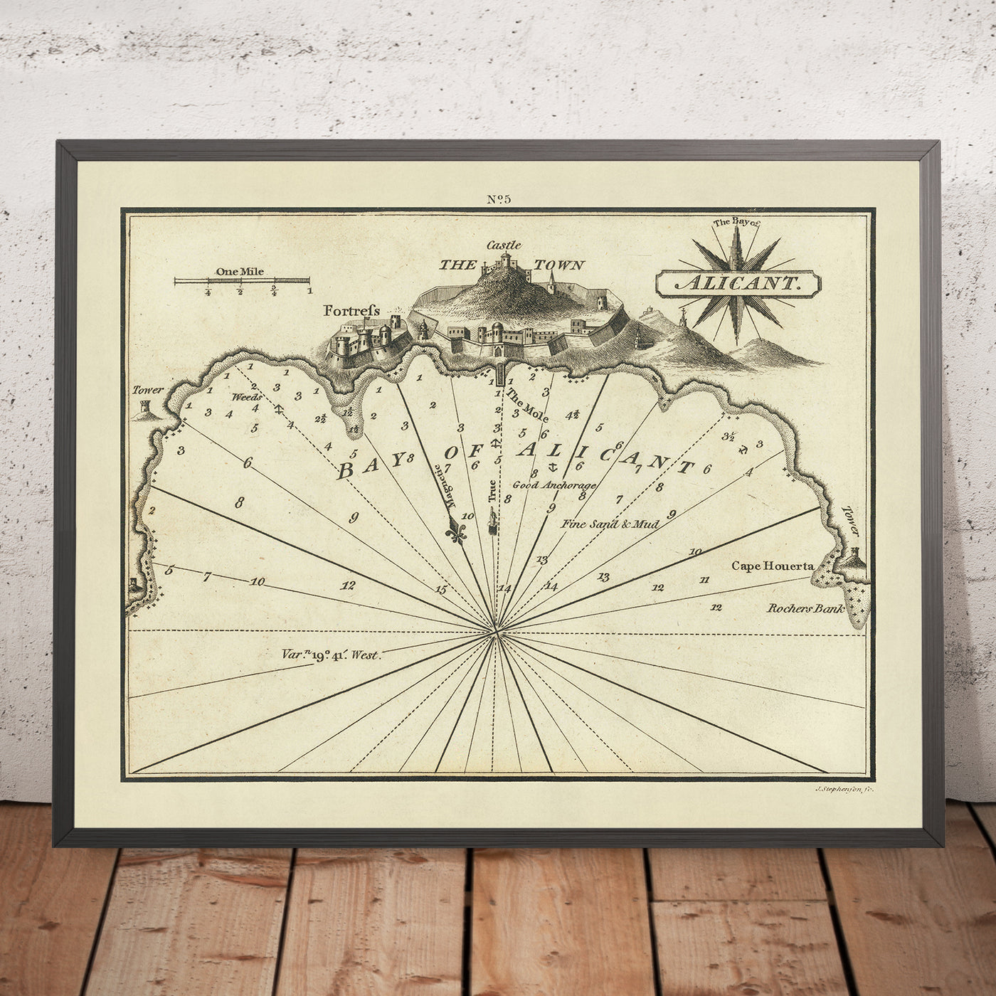 Old Bay of Alicant, France Nautical Chart by Heather, 1802: Alicante Castle, Fortifications, Coastal Depths