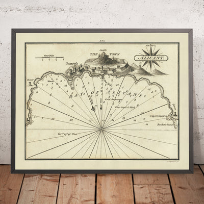Old Bay of Alicant, France Nautical Chart by Heather, 1802: Alicante Castle, Fortifications, Coastal Depths